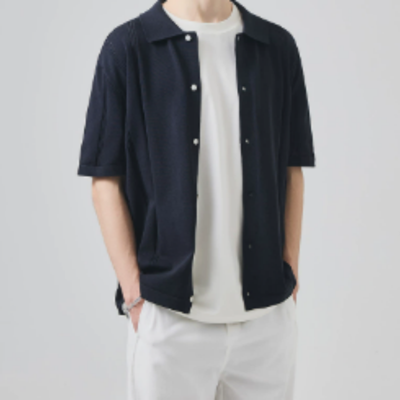 Herren Leinen-Strickpolo Kurzarm – Luftiger Ajour-Strick Cardigan, Sommerliches Polohemd aus Premium-Leinenmix