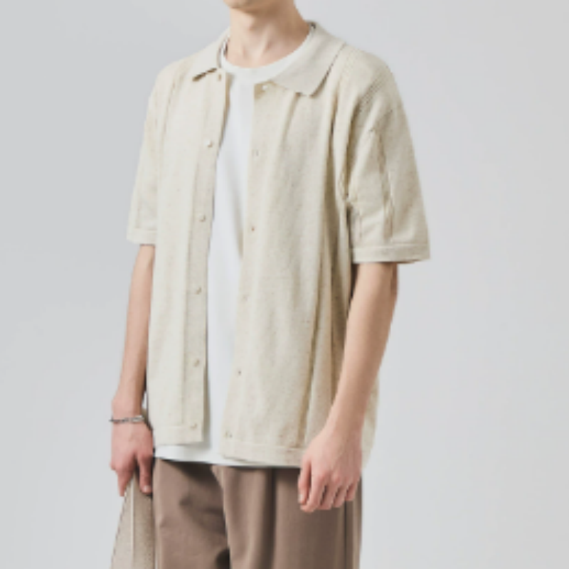 Herren Leinen-Strickpolo Kurzarm – Luftiger Ajour-Strick Cardigan, Sommerliches Polohemd aus Premium-Leinenmix