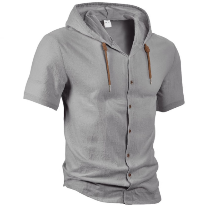 Herren Baumwolle-Leinen Kurzarmhemd mit Kapuze – Lockere Sommer-Strickjacke, Lässiges Kapuzenhemd im Casual-Fit