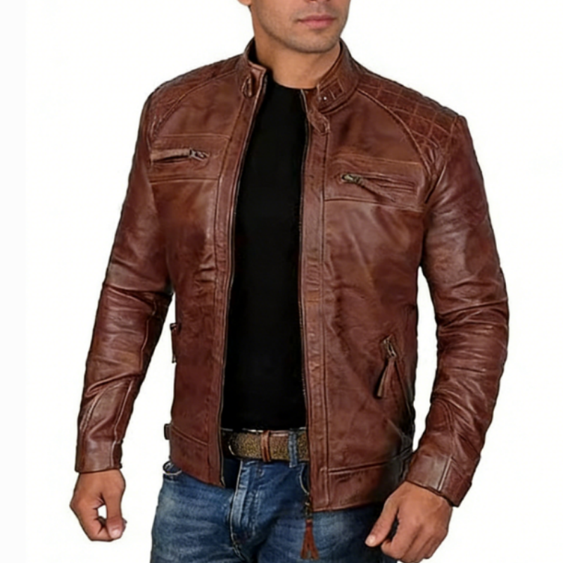 Herren Kunstlederjacke im Punk-Style – Slim Fit Bikerjacke mit Stehkragen, Coole Motorradjacke für Herren, Rock-Look Übergangsjacke