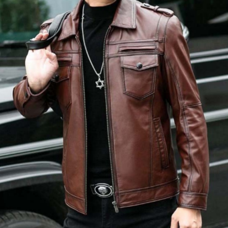 Herren Lederjacke im Slim-Fit Design – Klassische Bikerjacke im Vintage-Look