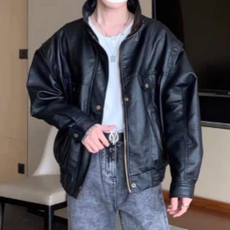 Herren Bikerjacke aus weichem Kunstleder - Vintage Motorradjacke Schwarz - Kurze Lederjacke Retro Look für Männer