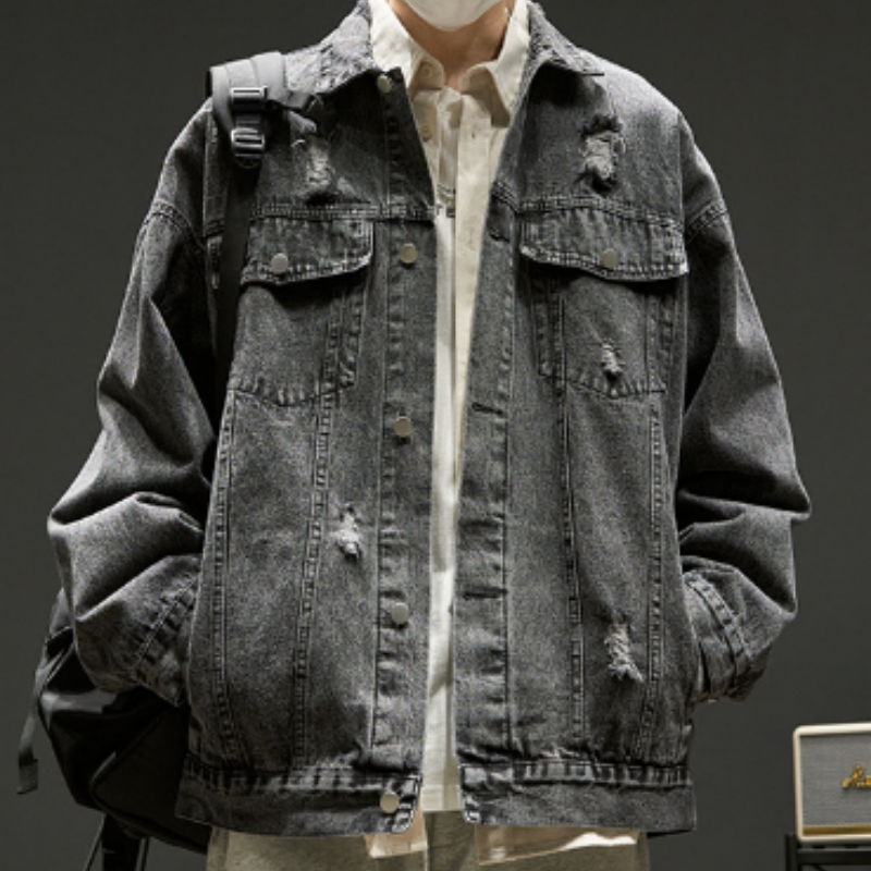 Herren Jeansjacke mit Löchern – Vintage Cargo Denim Jacke für Frühling & Herbst – Oversize Streetwear