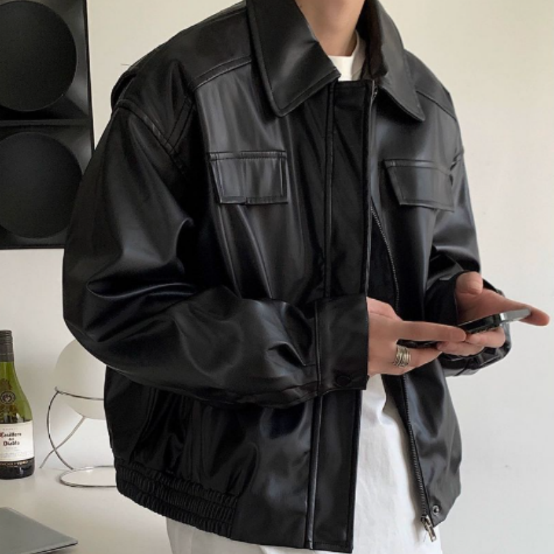 Herren Vintage Lederjacke aus PU – Klassische Bikerjacke für Frühling & Herbst – Retro Kunstlederjacke im Rocker-Stil