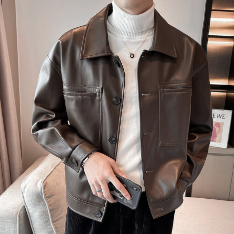 Herren Oversize Kunstlederjacke mit Reverskragen – Lässige Bikerjacke im Boxy Fit – Coole Urban Streetwear Übergangsjacke