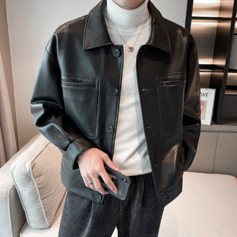 Herren Oversize Kunstlederjacke mit Reverskragen – Lässige Bikerjacke im Boxy Fit – Coole Urban Streetwear Übergangsjacke