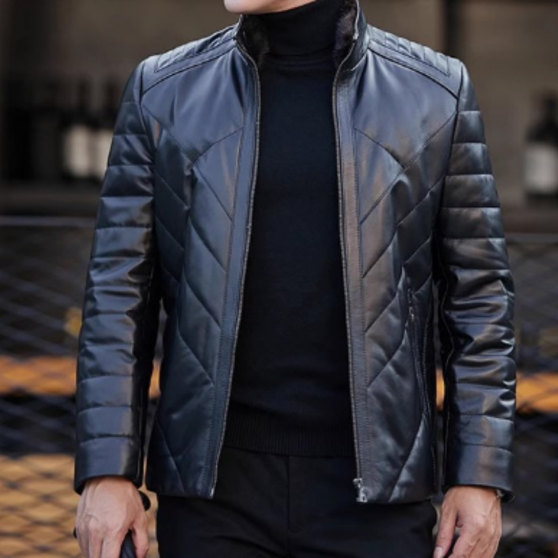 Herren Lederjacke Slim Fit mit Stehkragen – Kurze Bikerjacke für Frühling & Herbst – Elegante Übergangsjacke im Racer-Stil