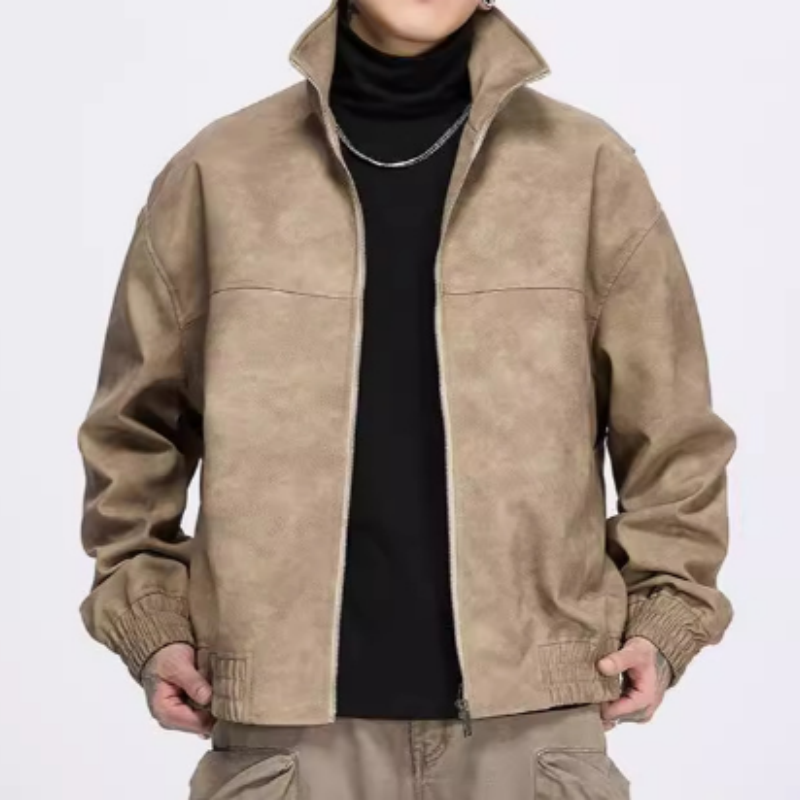 Herren Oversize Kunstlederjacke im Vintage Biker-Stil – Lockere Jacke mit Stehkragen für Frühling & Herbst – Coole Retro-Übergangsjacke