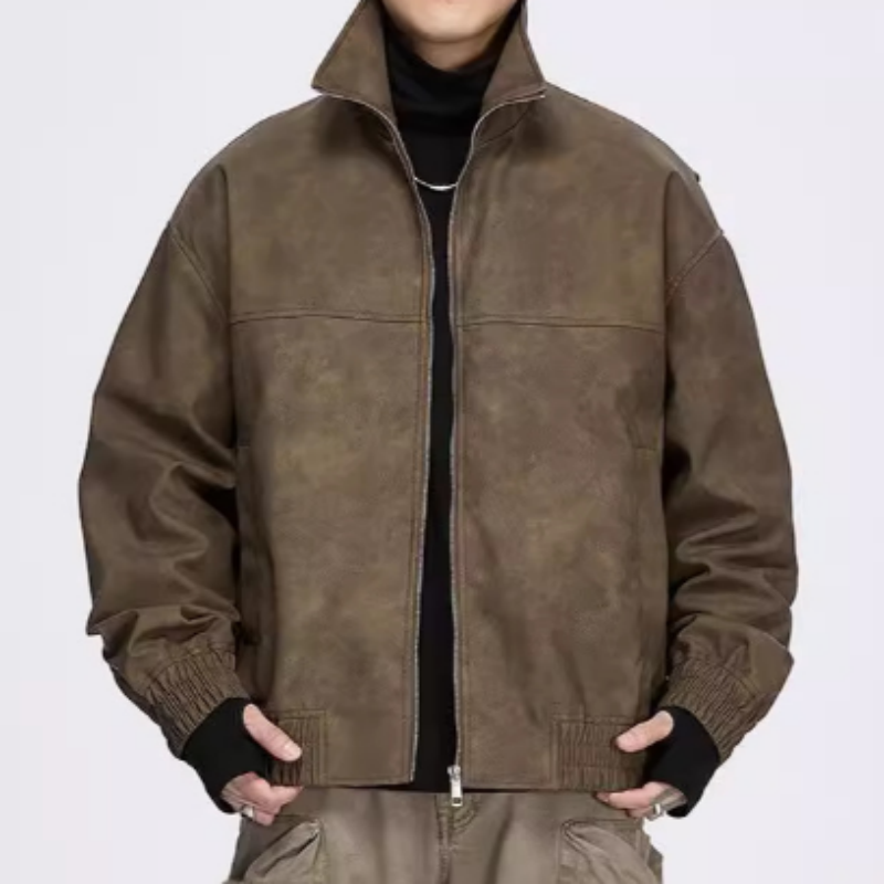 Herren Oversize Kunstlederjacke im Vintage Biker-Stil – Lockere Jacke mit Stehkragen für Frühling & Herbst – Coole Retro-Übergangsjacke