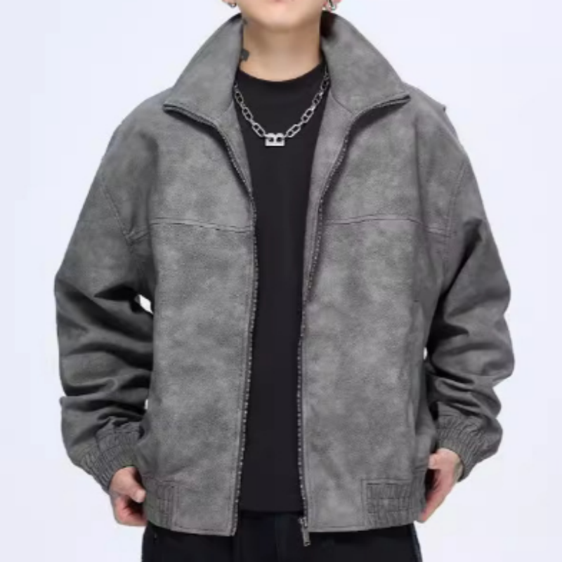 Herren Oversize Kunstlederjacke im Vintage Biker-Stil – Lockere Jacke mit Stehkragen für Frühling & Herbst – Coole Retro-Übergangsjacke