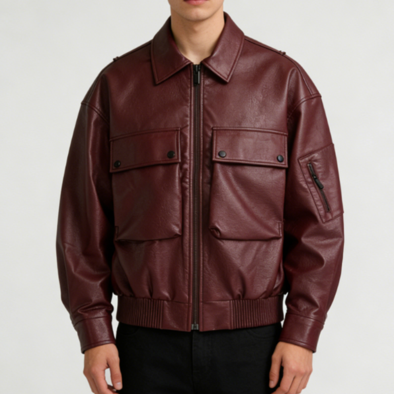 Herren PU-Lederjacke mit Reverskragen – Robuste Bikerjacke im Cargo-Stil – Moderne Workwear Übergangsjacke aus Kunstleder