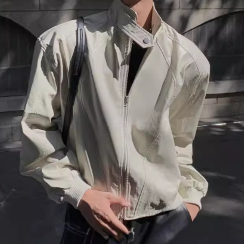 Herren Lederjacke mit Stehkragen im Cafe Racer-Look – Kurze Bikerjacke & Fliegerjacke für den Übergang – Slim Fit Passform