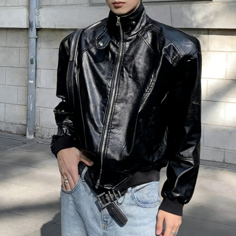 Herren Lederjacke mit Stehkragen im Cafe Racer-Look – Kurze Bikerjacke & Fliegerjacke für den Übergang – Slim Fit Passform