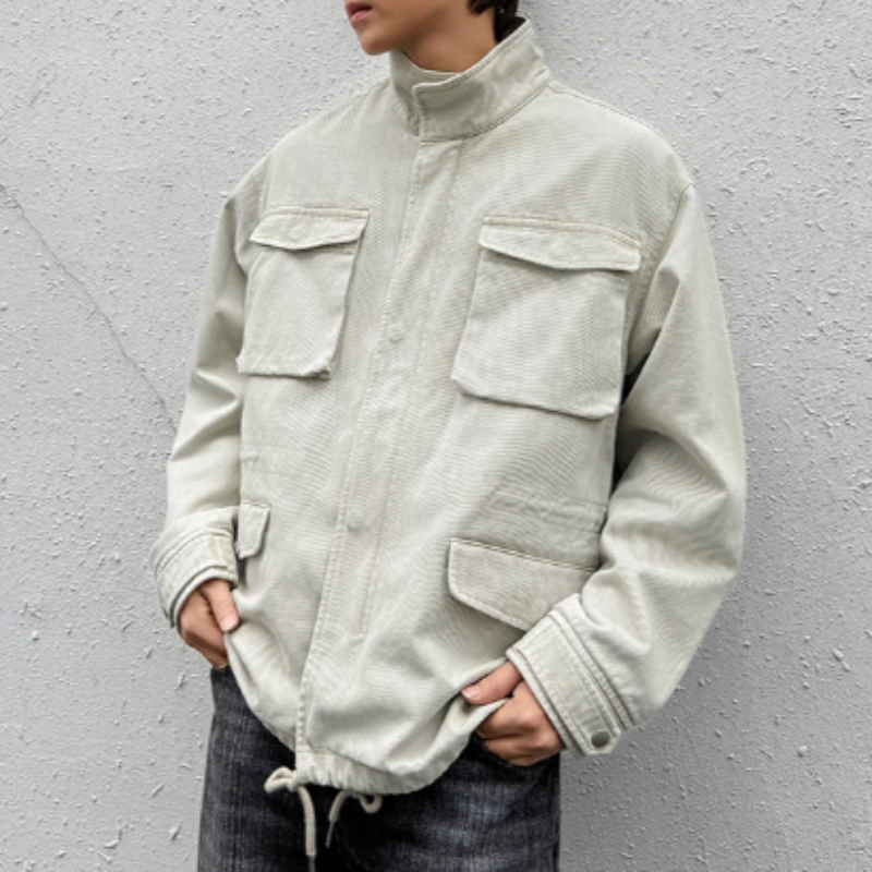 Herren Cargo Jacke mit Stehkragen – Stonewashed Vintage Übergangsjacke – Robuste Workwear Jacke aus Baumwolle