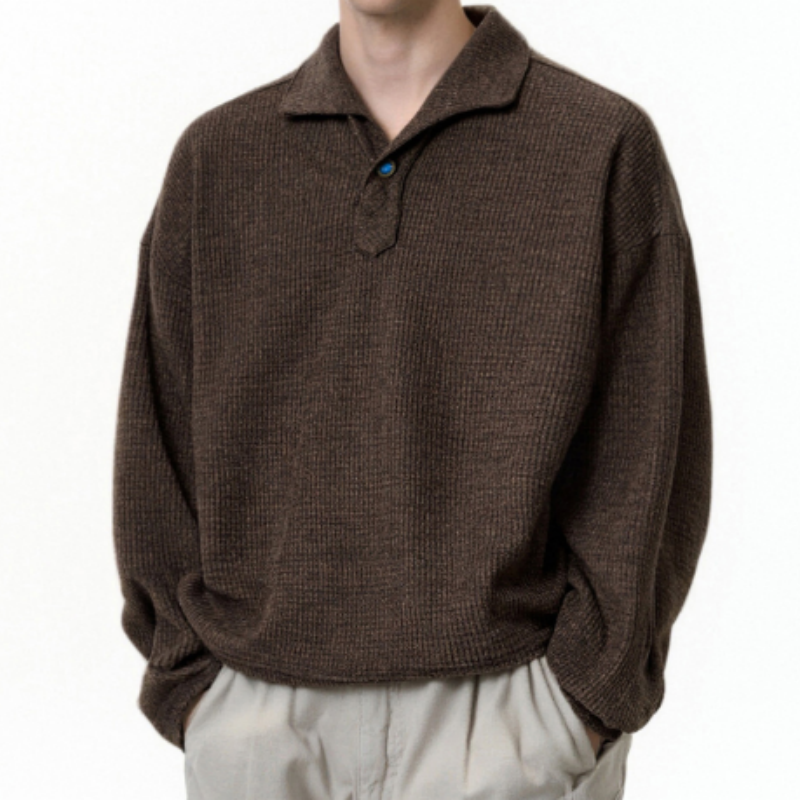 Herren Polo-Shirt mit Capri-Kragen – Elegantes Langarm Polo ohne Knopfleiste Loose Fit