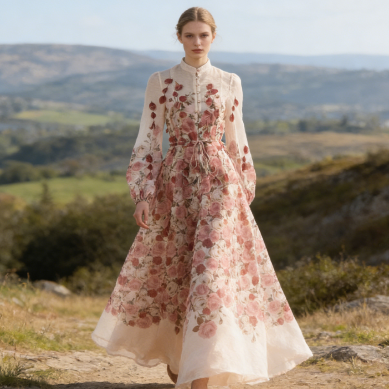 Elegantes mit platziertem Blumenprint, glitzernden Strasssteinen und weit ausgestelltem Rock