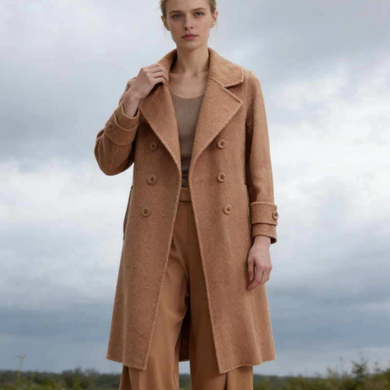 Eleganter Wollmantel Damen Mittellang - Taillierter Doppelseitiger Wollstoff Mantel