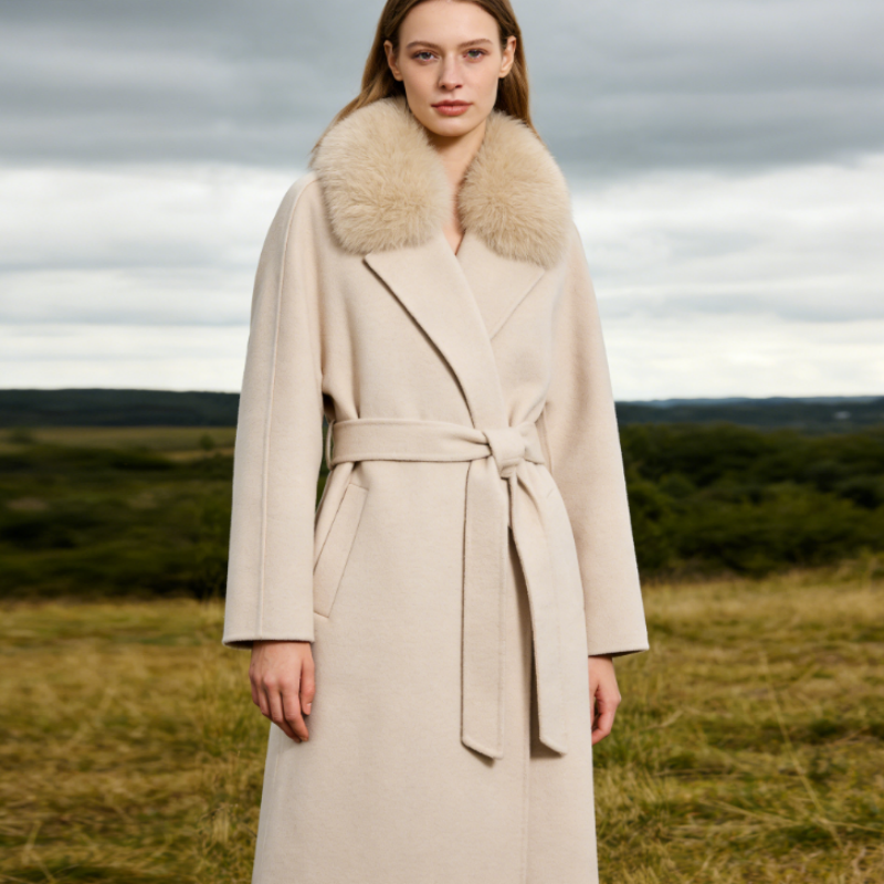 Luxus Wollmantel Damen Lang mit Echtpelz-Kragen aus Fuchs - Doppelseitige Wolle