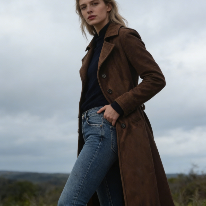 Damen Trenchcoat in Wildleder-Optik - Langer Herbstmantel mit Reverskragen