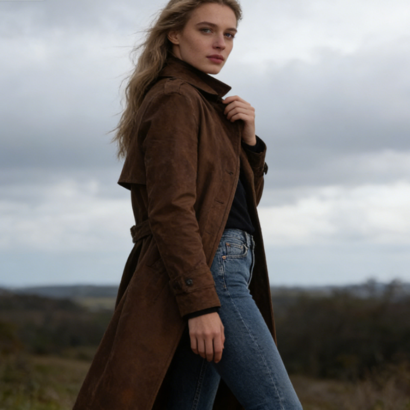 Damen Trenchcoat in Wildleder-Optik - Langer Herbstmantel mit Reverskragen