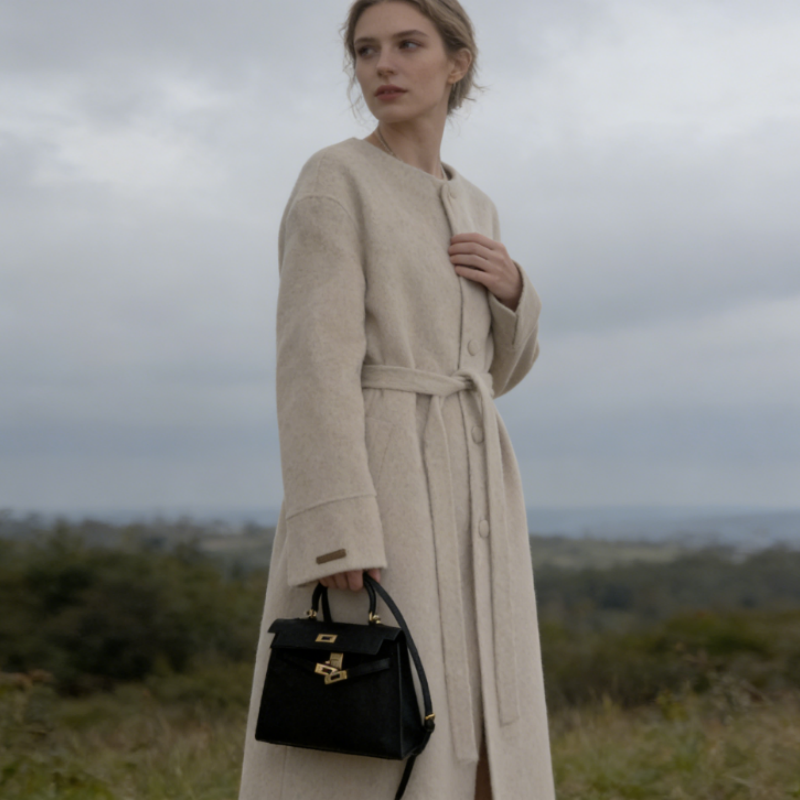 Wollmantel Damen Lang - Set mit abnehmbarem Kragen - Zweiteiler Mantel