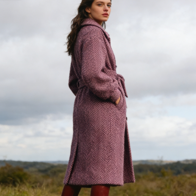Wollmantel mit Fischgrät-Muster - Eleganter Bindegürtel & Laternenärmel