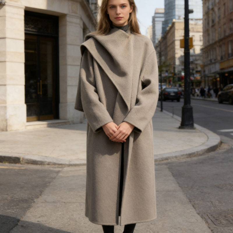 Wollmantel mit Schal-Design - Langer Doubleface Mantel - Cape-Look