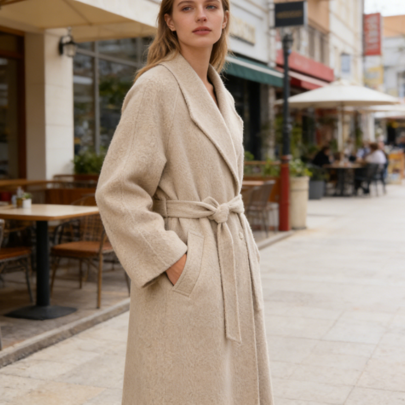 Wollmantel mit asymmetrischem Knopfverschluss - Taillierung & Bindegürtel