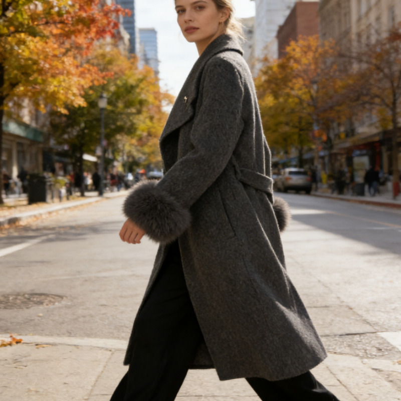 Wollmantel Damen mit echtem Fuchsfell an den Ärmeln - Mittellang