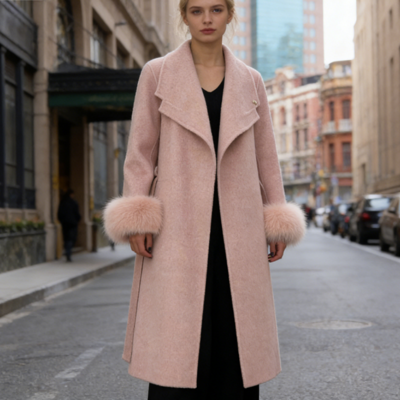 Wollmantel Damen mit echtem Fuchsfell an den Ärmeln - Mittellang