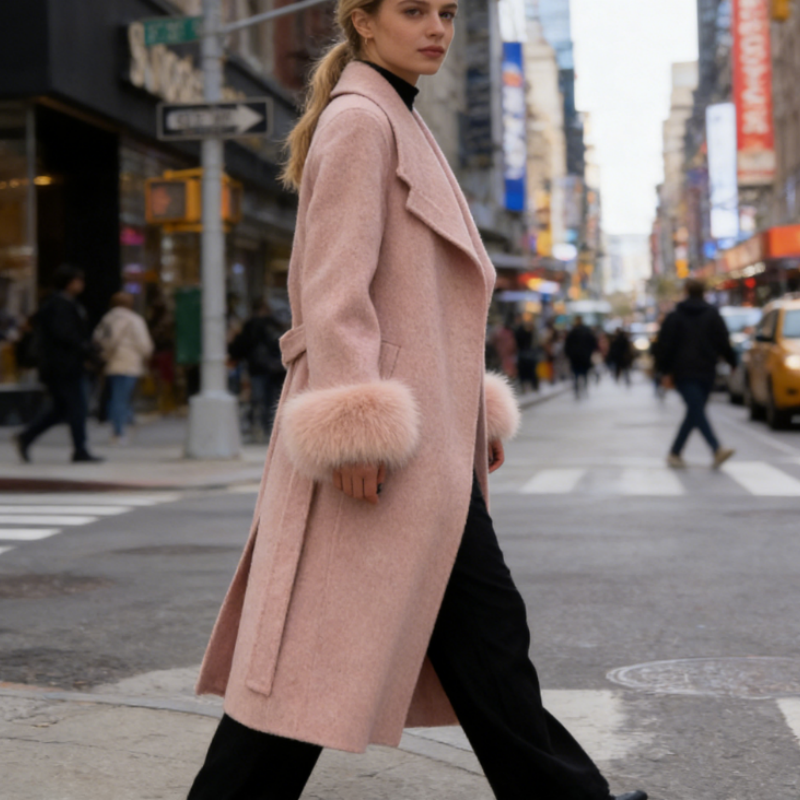 Wollmantel Damen mit echtem Fuchsfell an den Ärmeln - Mittellang