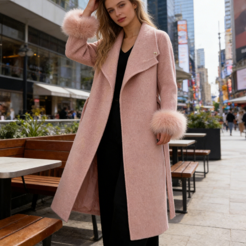 Wollmantel Damen mit echtem Fuchsfell an den Ärmeln - Mittellang