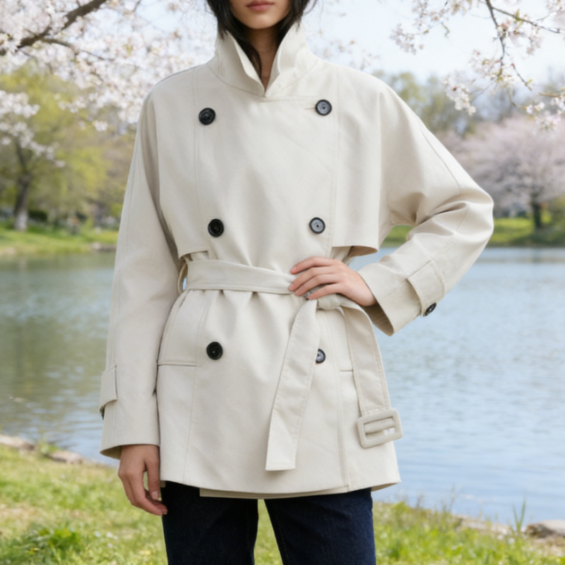 Klassischer Twill Kurz-Trenchcoat - Strukturierte Silhouette - Revers