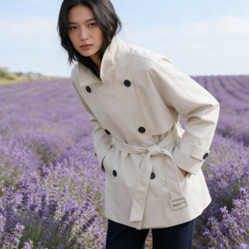 Klassischer Twill Kurz-Trenchcoat - Strukturierte Silhouette - Revers