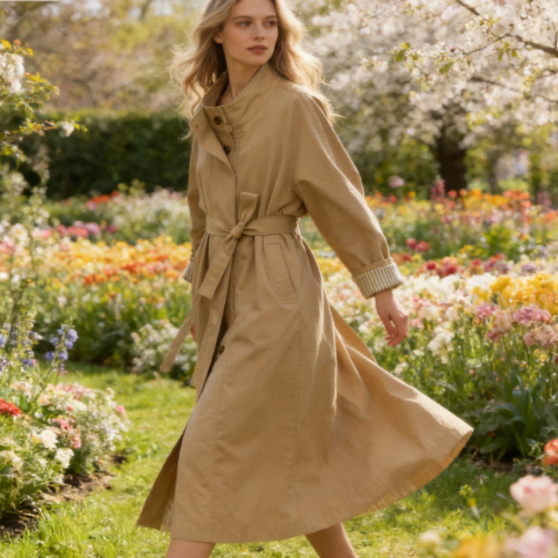 Moderner langer Trenchcoat Damen - Gestreifte Ärmel-Details - Stehkragen