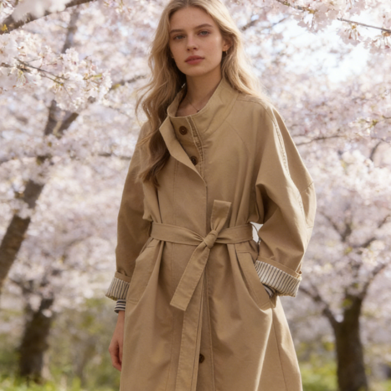Moderner langer Trenchcoat Damen - Gestreifte Ärmel-Details - Stehkragen