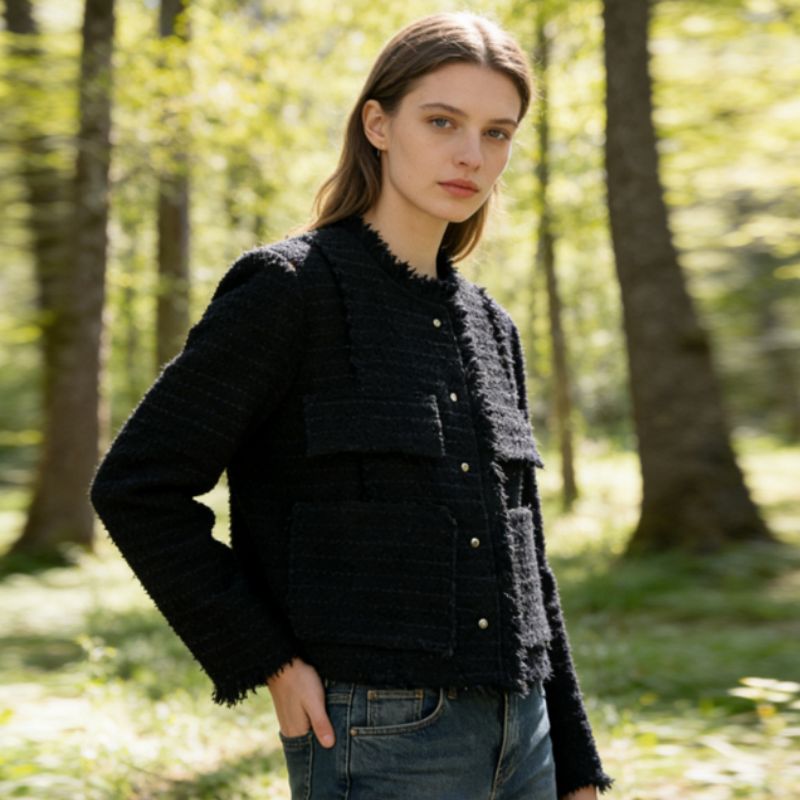 Marineblaue Tweed Jacke Damen mit Fransen – Elegante Rundhals Wolljacke im Old Money Look – Übergangsjacke Frühling 2026