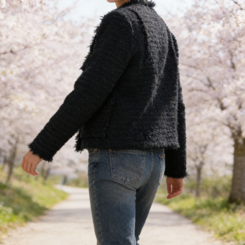 Marineblaue Tweed Jacke Damen mit Fransen – Elegante Rundhals Wolljacke im Old Money Look – Übergangsjacke Frühling 2026