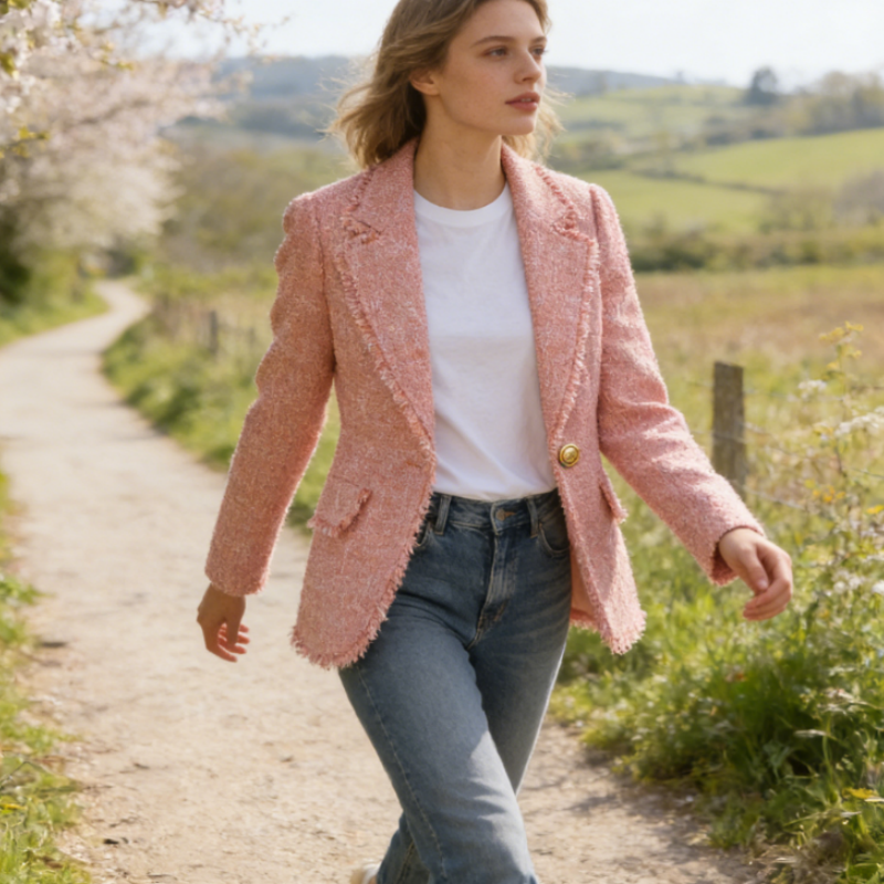 Taillierte Tweed Jacke Damen in Rosa – Eleganter Wollblazer im Old Money Look – Übergangsjacke Frühling 2026
