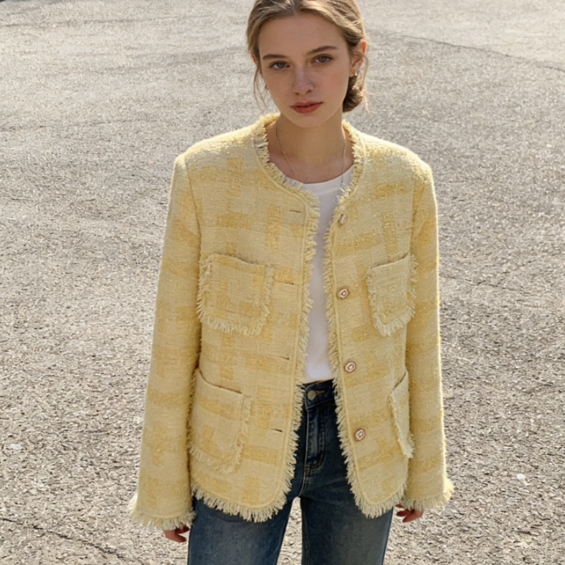 Gelbe Tweed Jacke Damen Kurz – Eleganter Wollblazer im Old Money Look – Übergangsjacke Frühling 2026