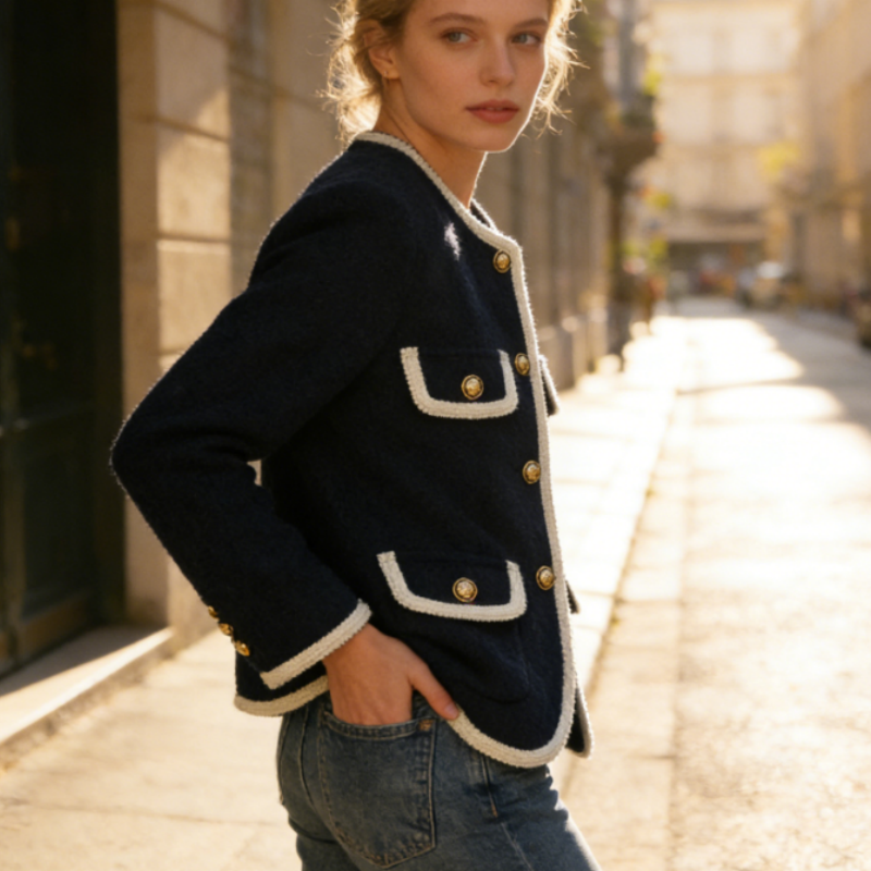 Dunkelblaue Tweed Jacke mit Kontrastborte – Elegante Vintage Wolljacke im Old Money Look – Übergangsjacke Frühling 2026