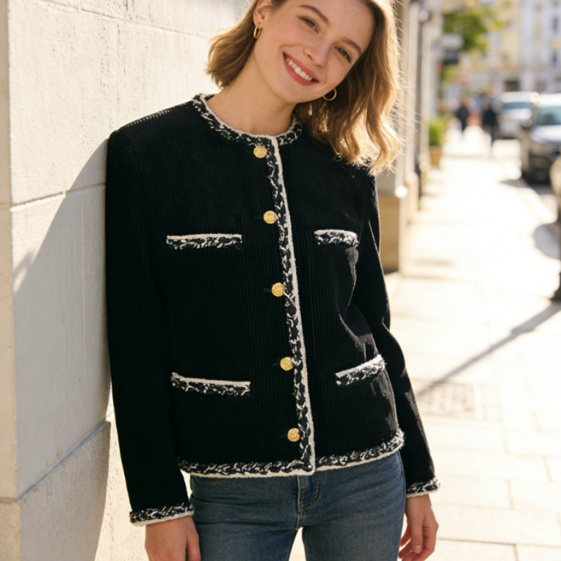 Dunkelblaue Tweed Jacke mit Längsstreifen – Elegante Rundhals Wolljacke im Cord-Look – Übergangsjacke Frühling 2026