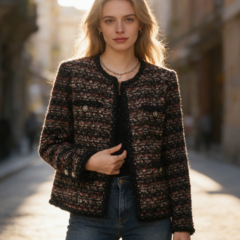 Bunte Tweed Jacke Damen aus Schafwolle – Elegante Kurzjacke im Old Money Look – Hochwertige Übergangsjacke Frühling 2026
