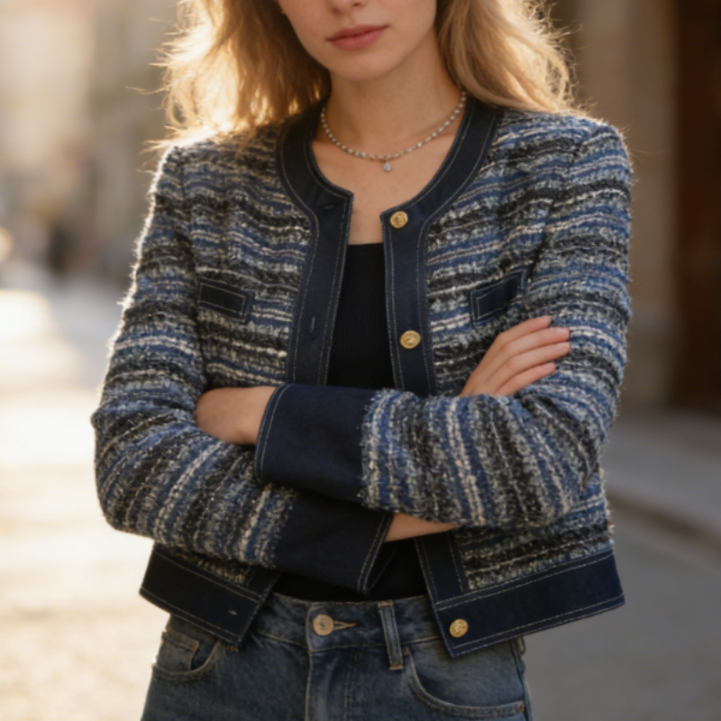 Blaue Tweed Jacke mit Denim-Einsätzen – Elegante Kurzjacke im Jeans-Mix – Moderne Übergangsjacke Frühling 2026