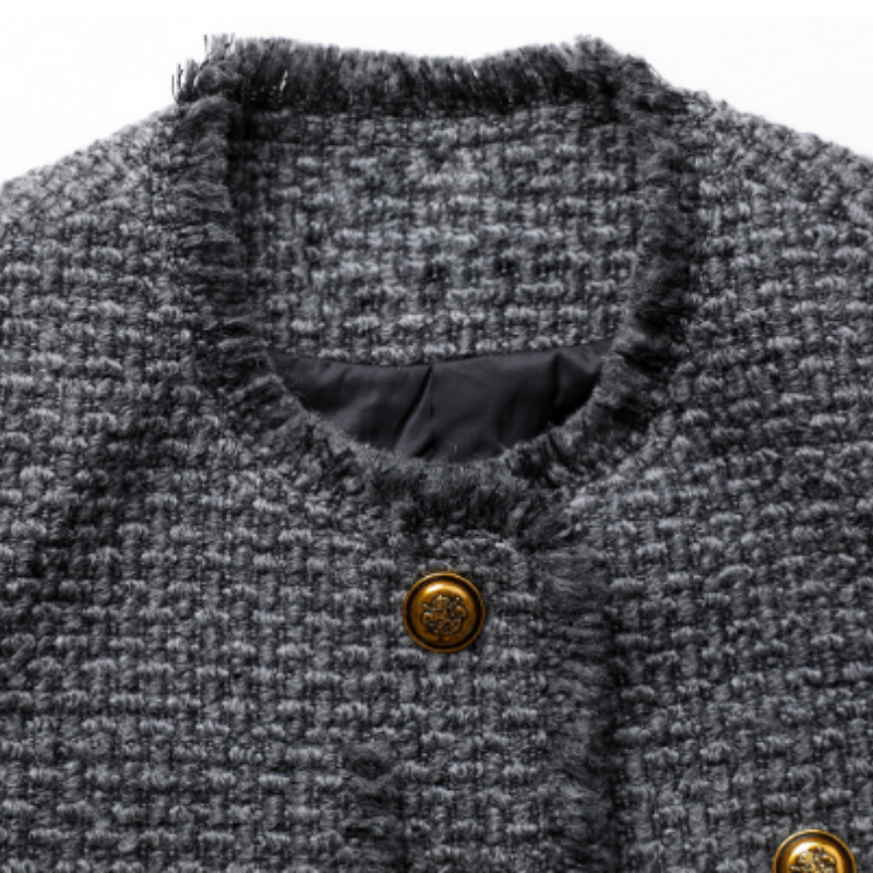 Anthrazit Tweed Jacke Damen mit Fransen – Elegante Rundhals Wolljacke im Old Money Look – Übergangsjacke Frühling 2026