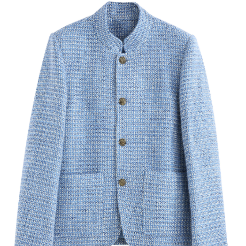 Blaue Tweed Jacke Damen mit Stehkragen – Elegante Kurzjacke im Old Money Look – Klassische Übergangsjacke Frühling 2026