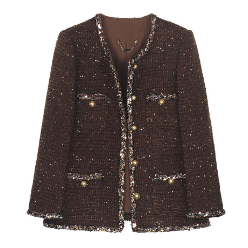 Kaffeebraune Tweed Jacke mit Pailletten – Lockere Wolljacke im Old Money Look – Mittellange Übergangsjacke Frühling