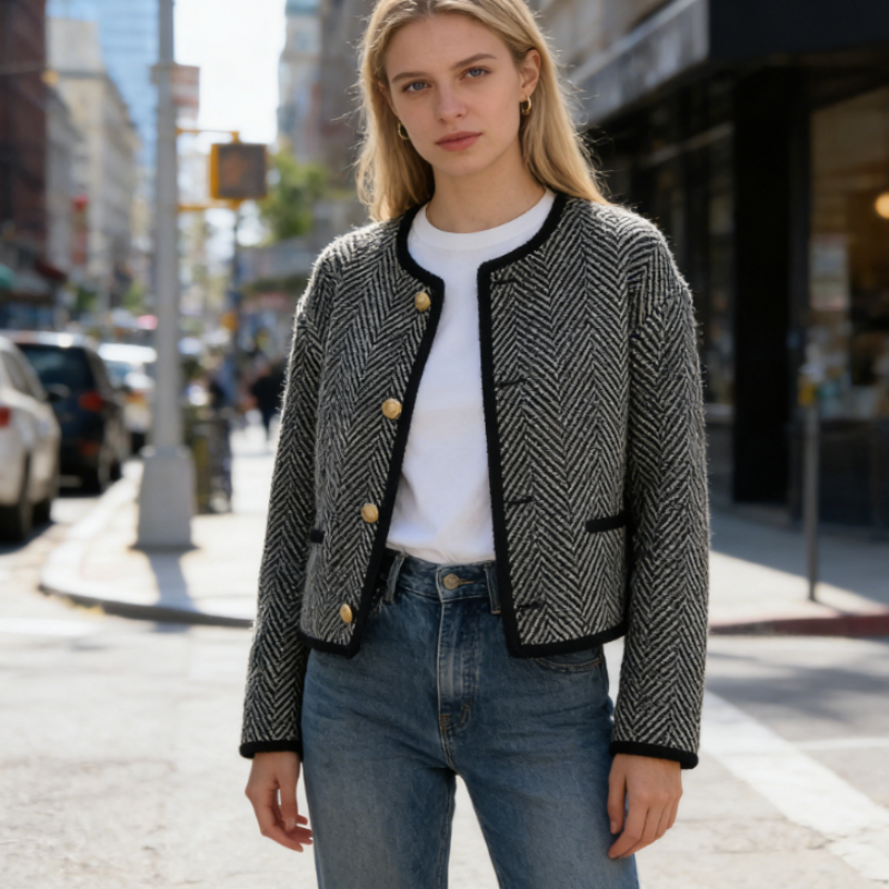 Damen Kurzjacke aus Tweed & Wolle – Klassisches Grau im Old Money Look – Struktur-Gewebe – Trends Frühling 2026