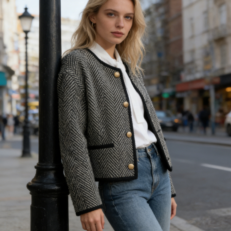 Damen Kurzjacke aus Tweed & Wolle – Klassisches Grau im Old Money Look – Struktur-Gewebe – Trends Frühling 2026