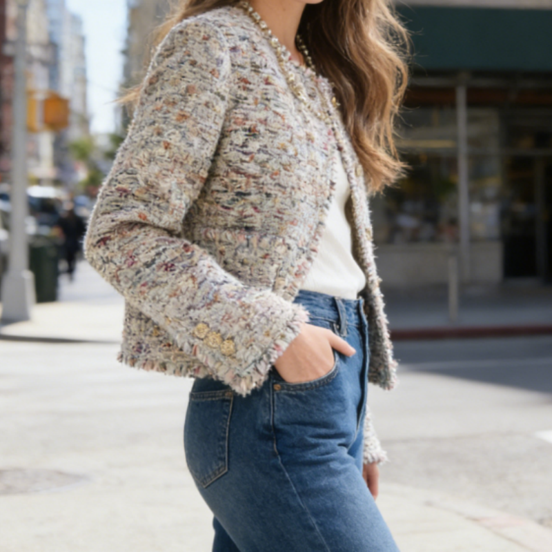 Grau-Lila Tweed Jacke mit Pailletten – Elegante Kurzjacke aus Effektgarn – Old Money Look – Übergangsjacke Frühling